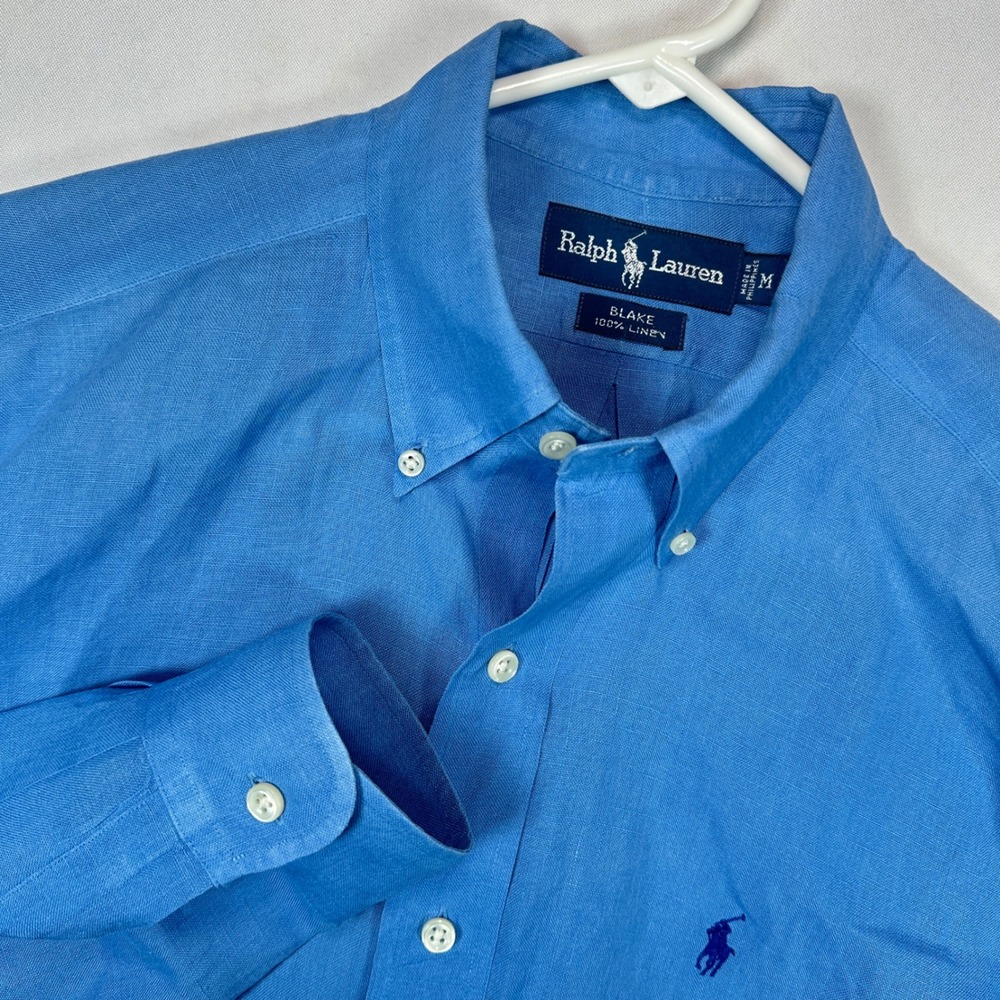 Ralph Lauren Blake Linen Shirt Mens Medium Blue Button Down Long Sleeve Pony